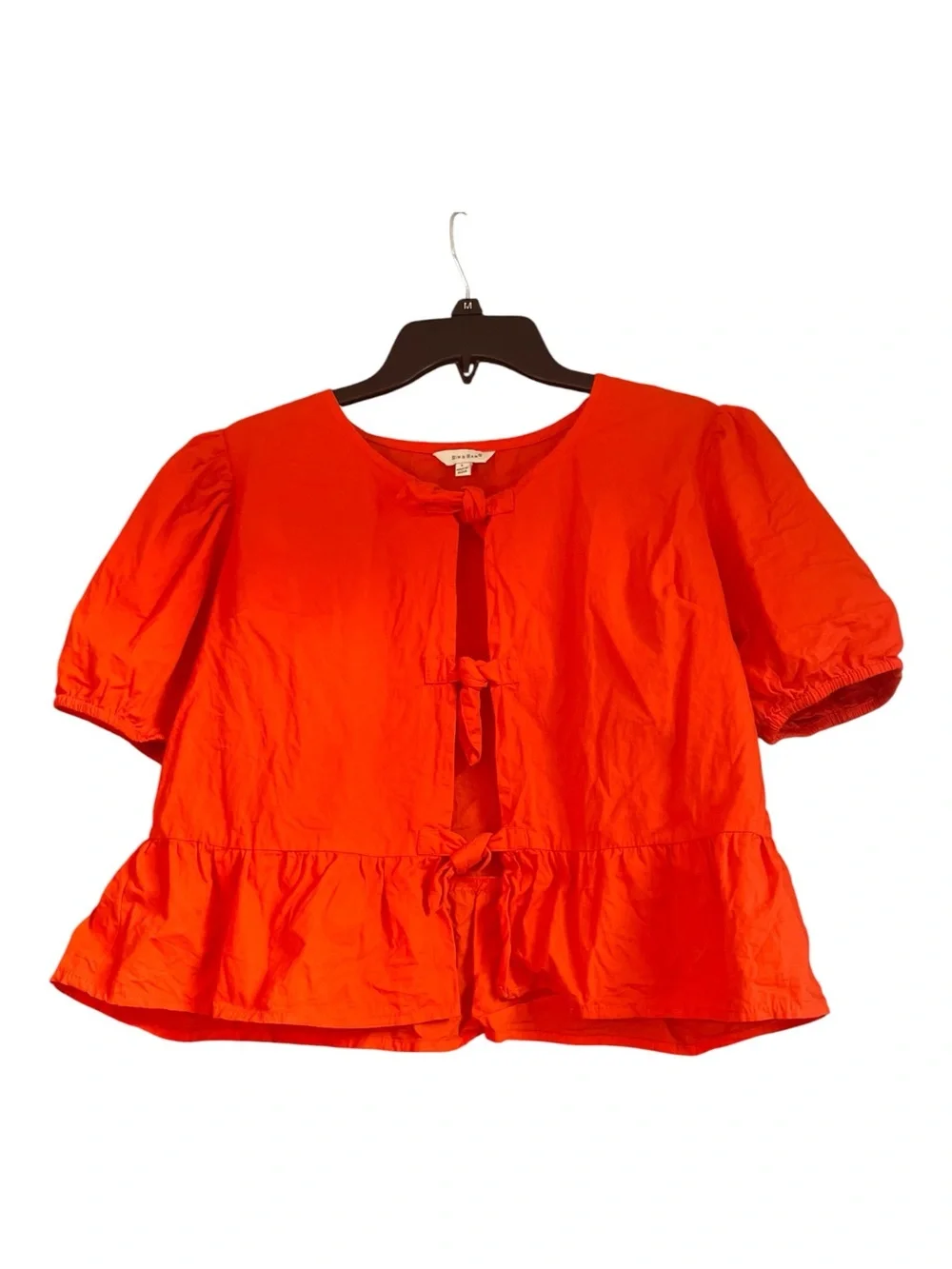 Puff Sleeve Vibrant Red Orange Cotton Blouse with Tie Closure Size L Boho Summer - Picture 5 of 12